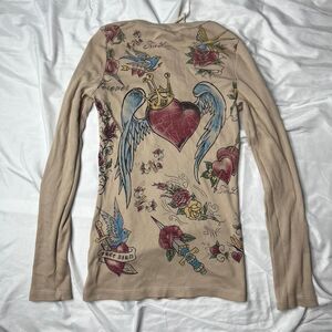 Vocal Rhinestone Heart Angel Wings Tattoo Style Long Sleeve Top